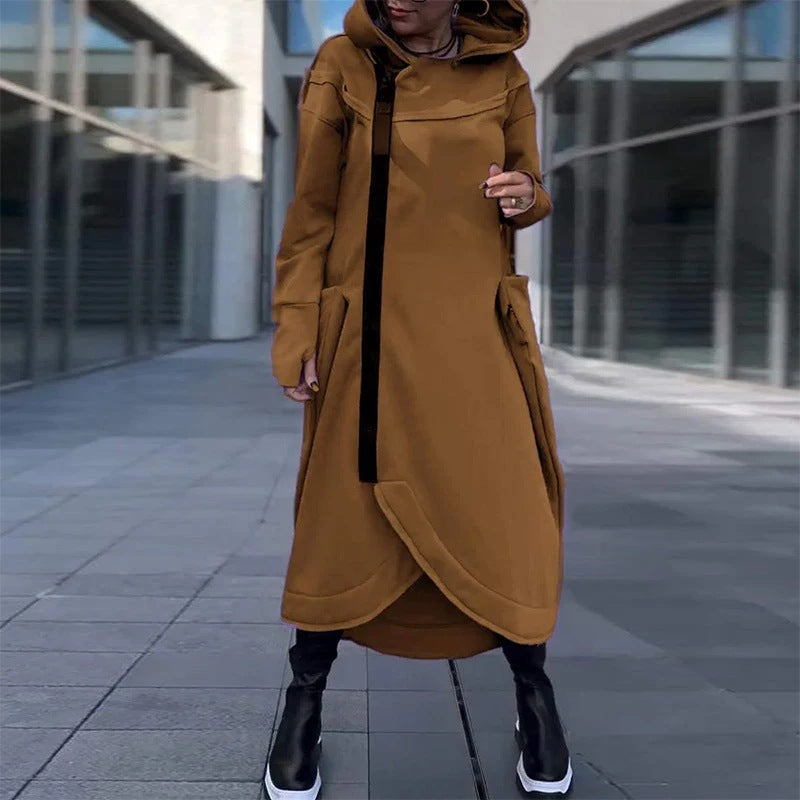 Damen modischer Kapuzenmantel mit seitlichen Taschen und asymmetrischem Saum Drune