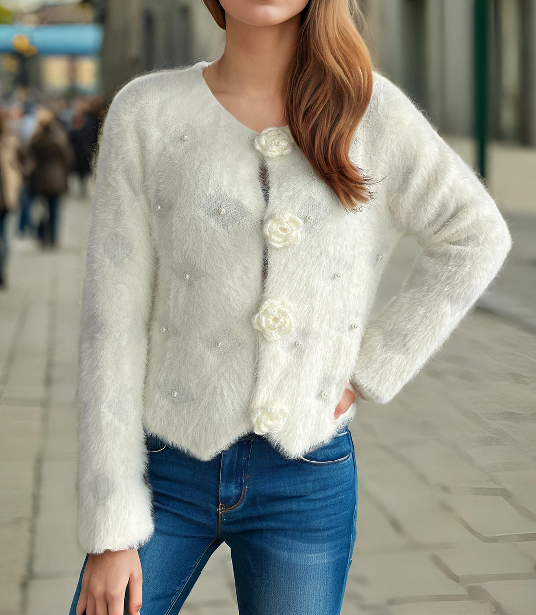 Damen feine Strickjacke mit Blumenapplikationen und Perlenakzenten Drune