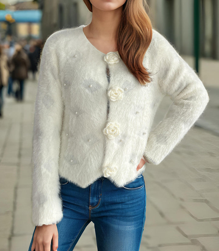 Damen feine Strickjacke mit Blumenapplikationen und Perlenakzenten Drune