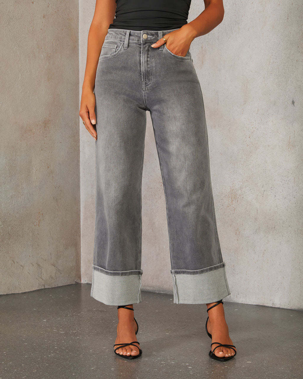 Damen nan hochgeschnittene Culotte-Jeans mit breitem Umschlag und geradem Bein Drune