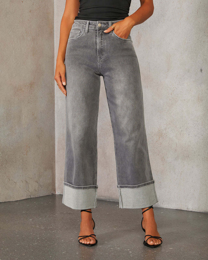 Damen nan hochgeschnittene Culotte-Jeans mit breitem Umschlag und geradem Bein Drune