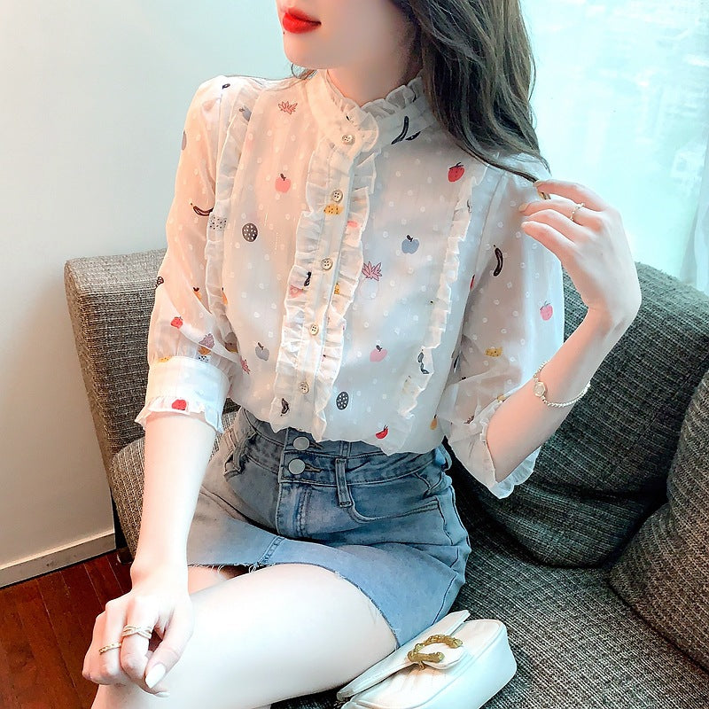 Damen Bluse mit floralem Design und gerafften Ärmeln Drune