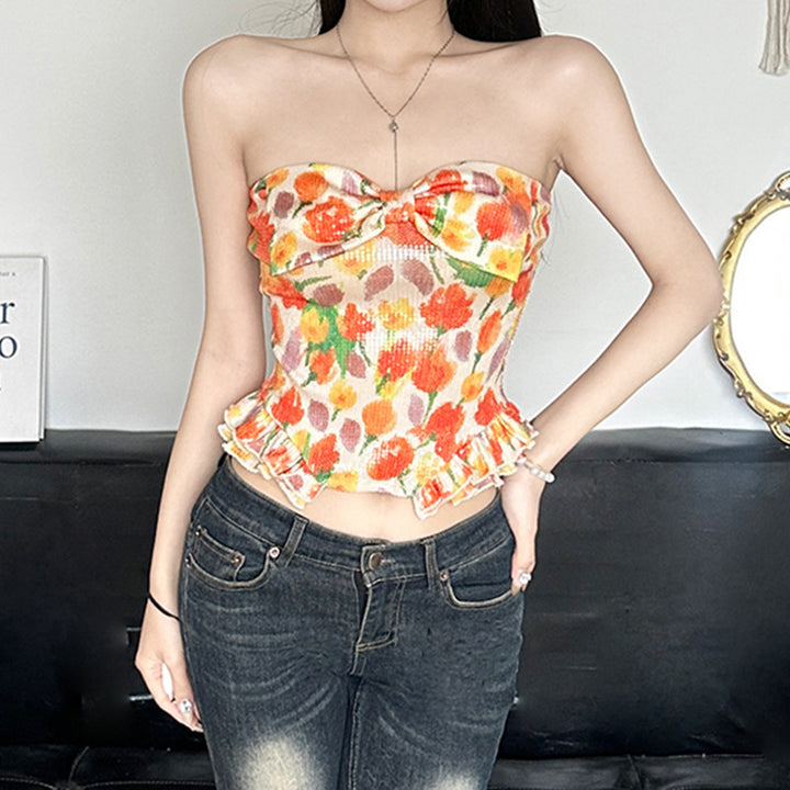 Damen Bustier-Top mit floralem Glitzerdesign und Rüschensaum Drune