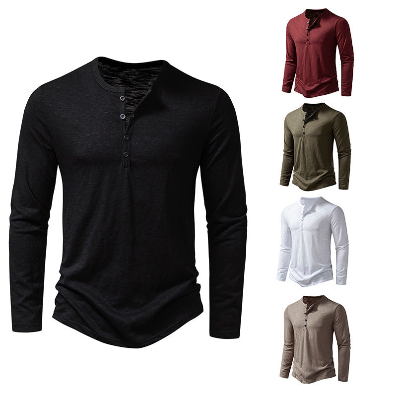 Herren Langarm-T-Shirt mit Knopfleiste und modischem Stehkragen Drune