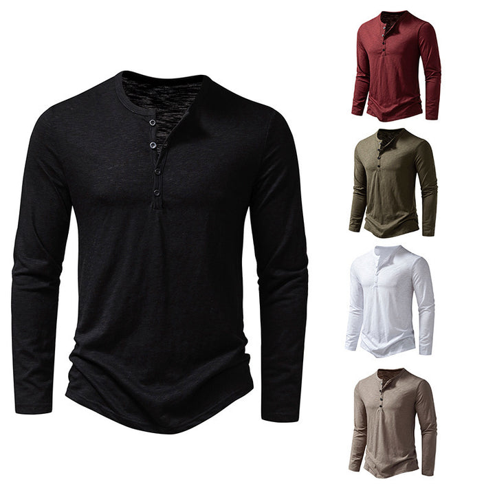Herren Langarm-T-Shirt mit Knopfleiste und modischem Stehkragen Drune