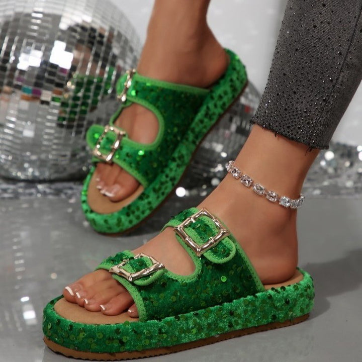 Damen Glamouröse Pantolette mit funkelnden Pailletten und verstellbaren Riemen Drune