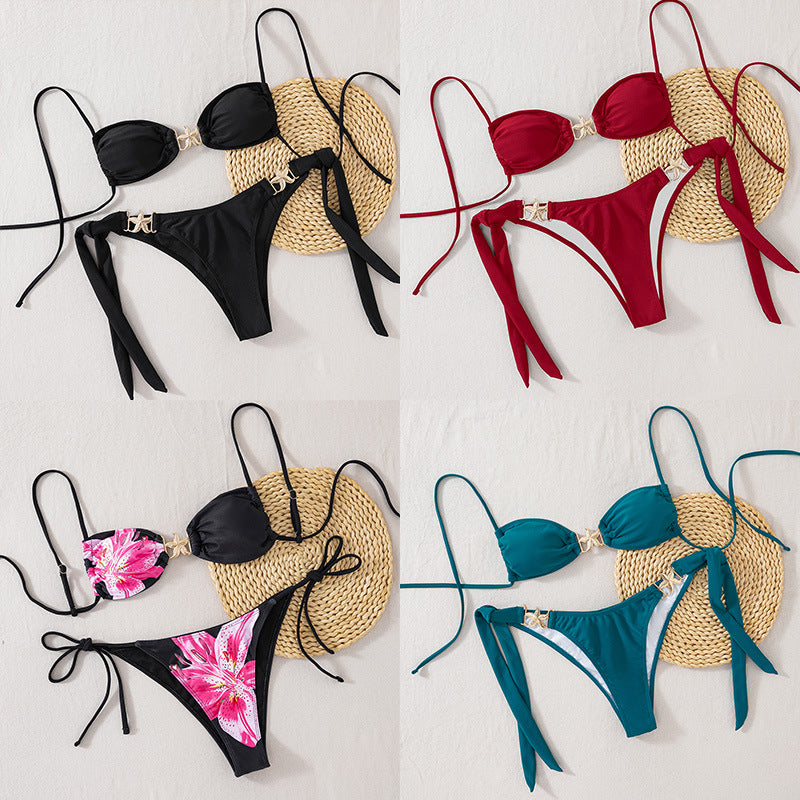 Damen Triangel-Bikini mit floralem Design und eleganten Goldakzenten Drune