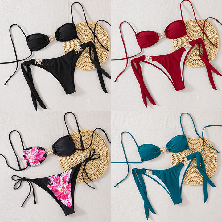 Damen Triangel-Bikini mit floralem Design und eleganten Goldakzenten Drune