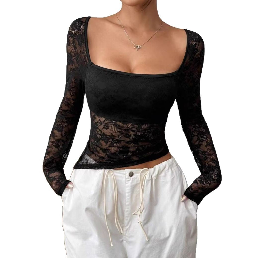 Damen Elegantes Langarm-Top aus Spitze Drune