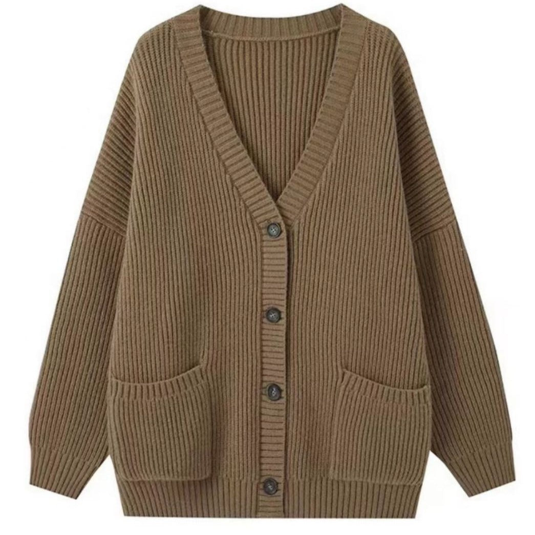 Damen Grobstrick Cardigan mit Taschen und tiefem V-Ausschnitt Drune