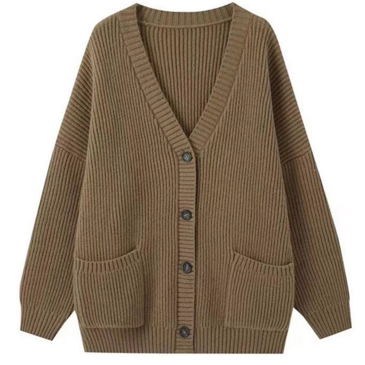 Damen Grobstrick Cardigan mit Taschen und tiefem V-Ausschnitt Drune