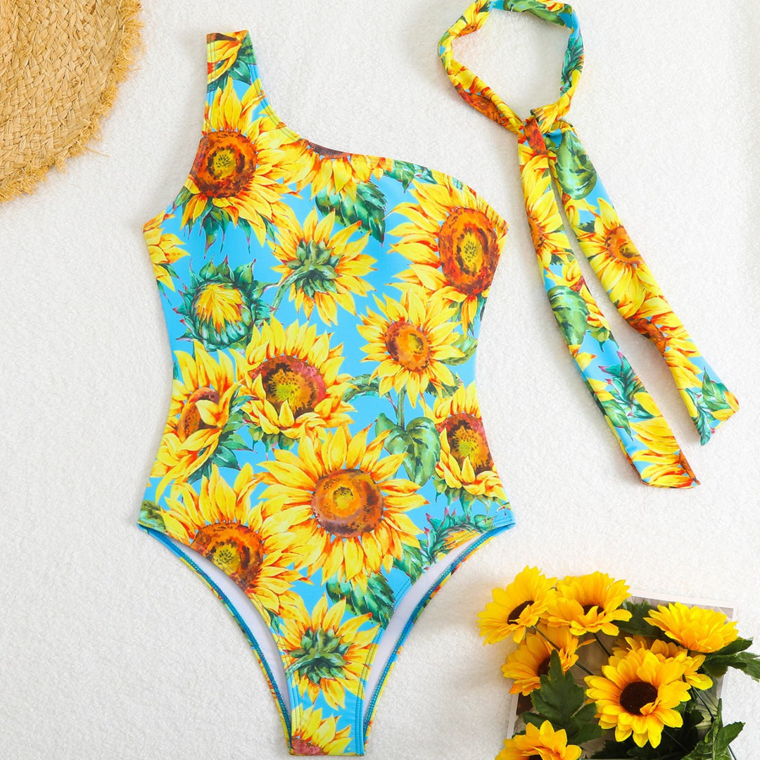 Damen Einteiliger Badeanzug mit asymmetrischem Schnitt und Sonnenblumenmuster Drune