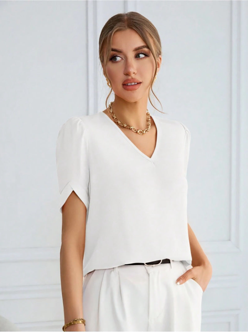 Damen V-Ausschnitt Bluse mit Puffärmeln Drune