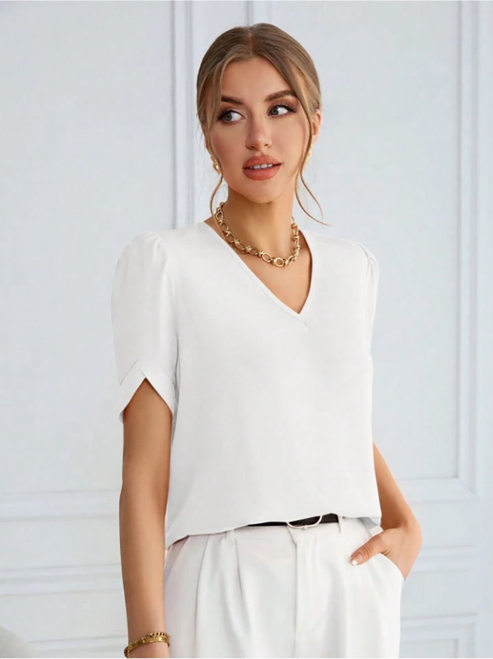 Damen V-Ausschnitt Bluse mit Puffärmeln Drune