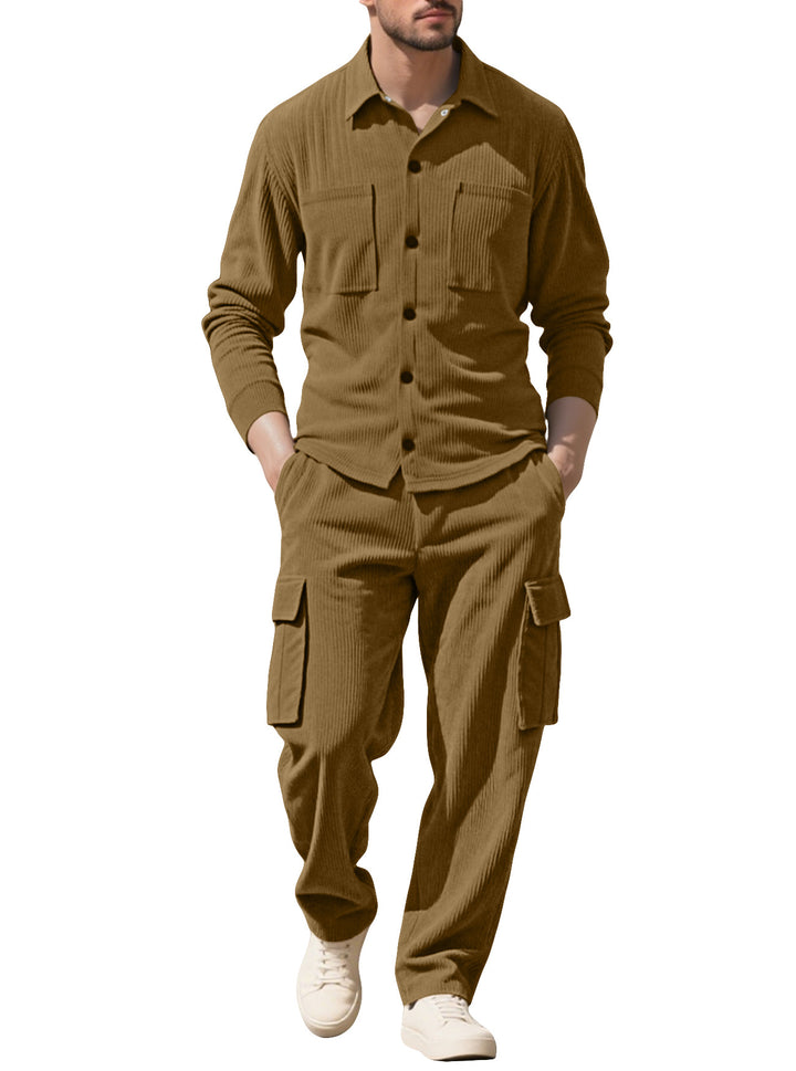 Herren nan geripptes Worker-Hemd mit Brusttaschen und entspannter Cargohose Drune