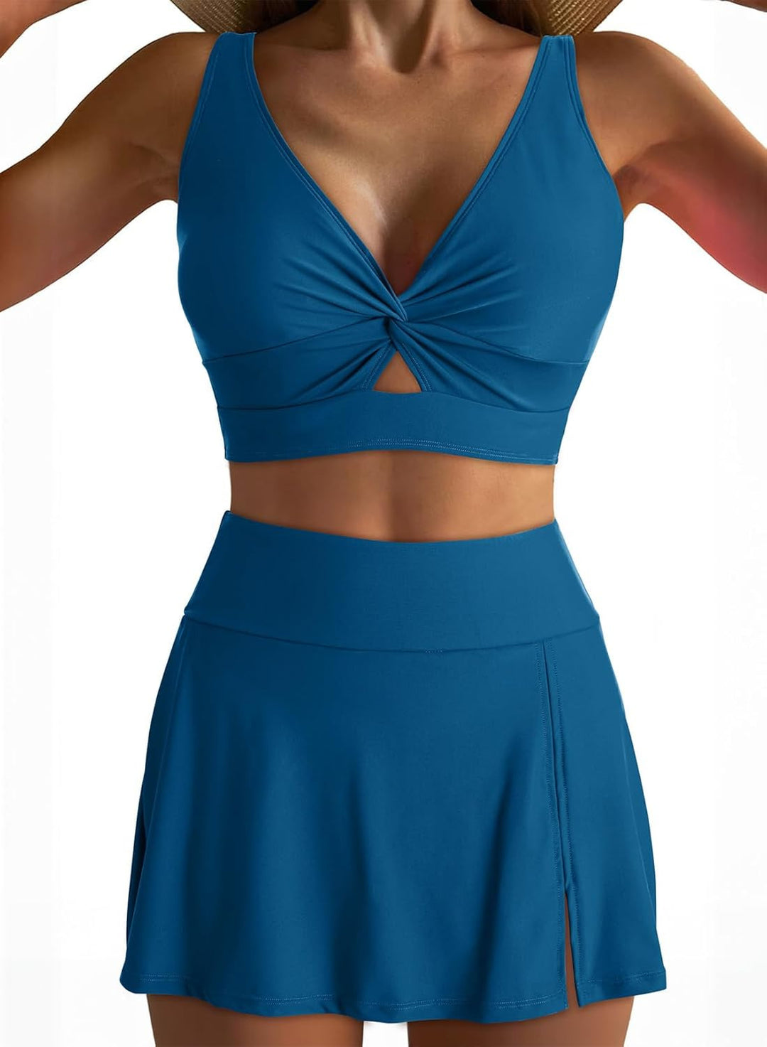 Damen Sport-Bikini-Set mit modischem Knoten-Oberteil und elegantem Rock Drune