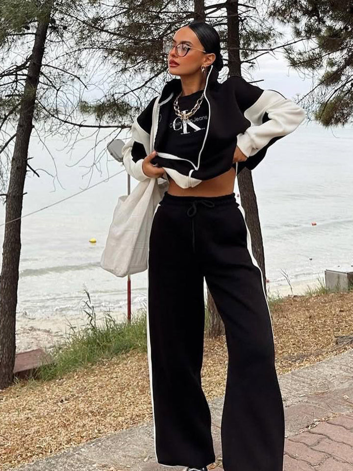 Damen lässiger Sportanzug mit cropped Oberteil und weit geschnittenen Hosen Drune