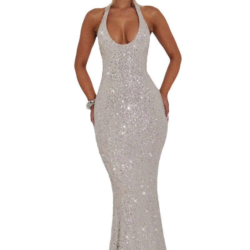 Damen Glamouröses Pailletten-Maxi-Kleid mit tiefem V-Ausschnitt und schmalem Schnitt Drune