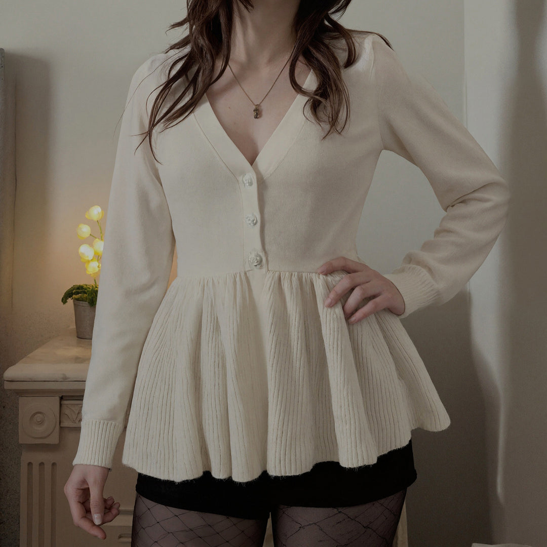 Damen nan geripptes Langarm-Top mit Empire-Taille, zierlicher Knopfleiste und Spitzenbesatz Drune