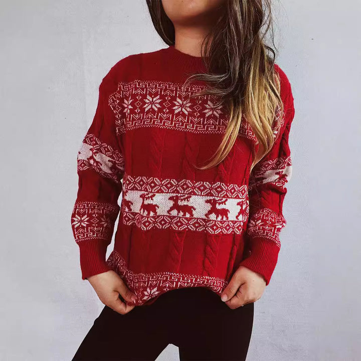 Damen Strickpullover mit festlichem Rentier-Motiv und Zopfmuster Drune