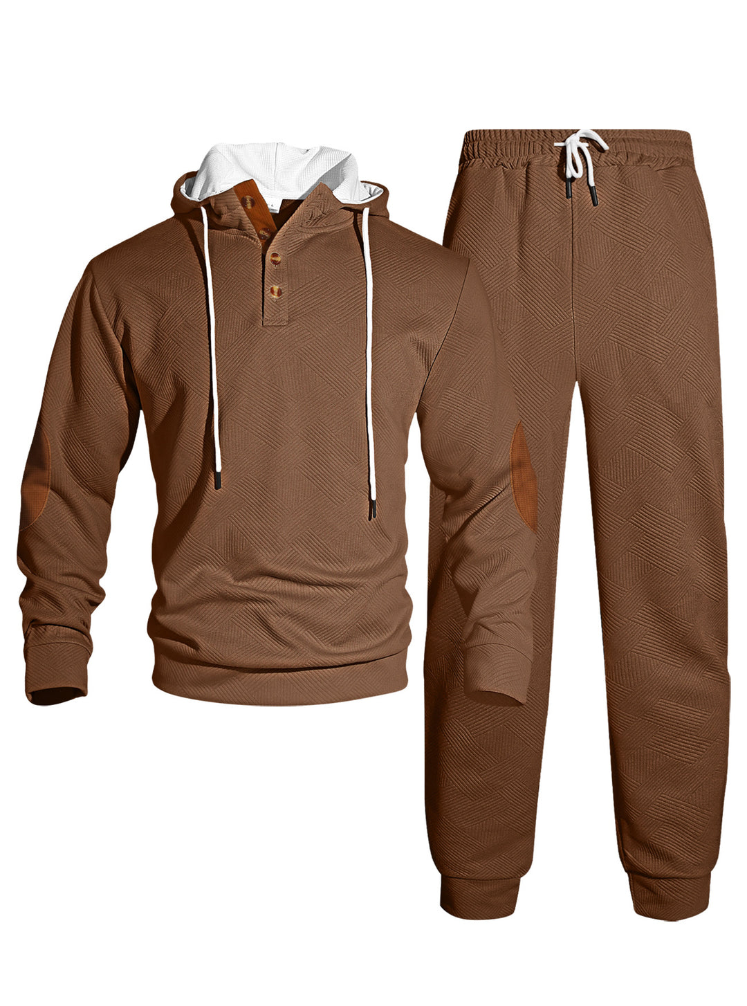 Herren nan Waffelstruktur Henley-Kapuzen-Set mit Holzknopfleiste Ellbogen-Patches und konischer Jogginghose Drune