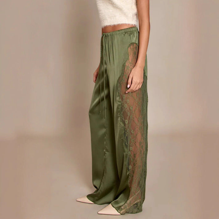 Damen Elegante Satin-Hosen mit Spitzenakzenten Drune