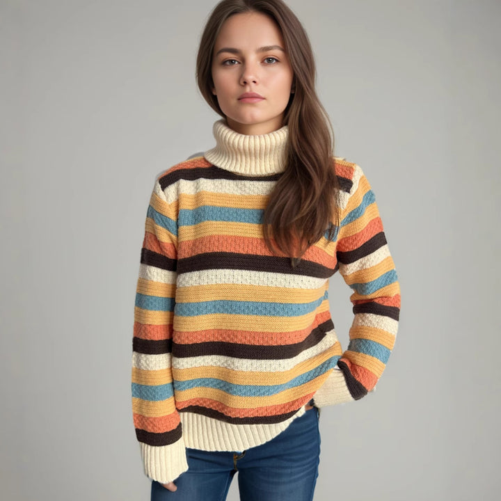 Damen Rollkragenpullover mit farbenfrohen Streifen und hochwertiger Strickqualität Drune