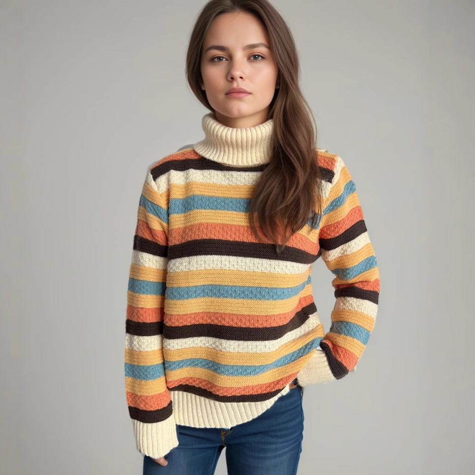 Damen gestreifter Rollkragenpullover mit lässigem Schnitt und weicher Textur Drune