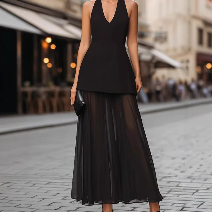 Damen Elegantes Maxikleid mit tiefem V-Ausschnitt und transparentem Überrock Drune