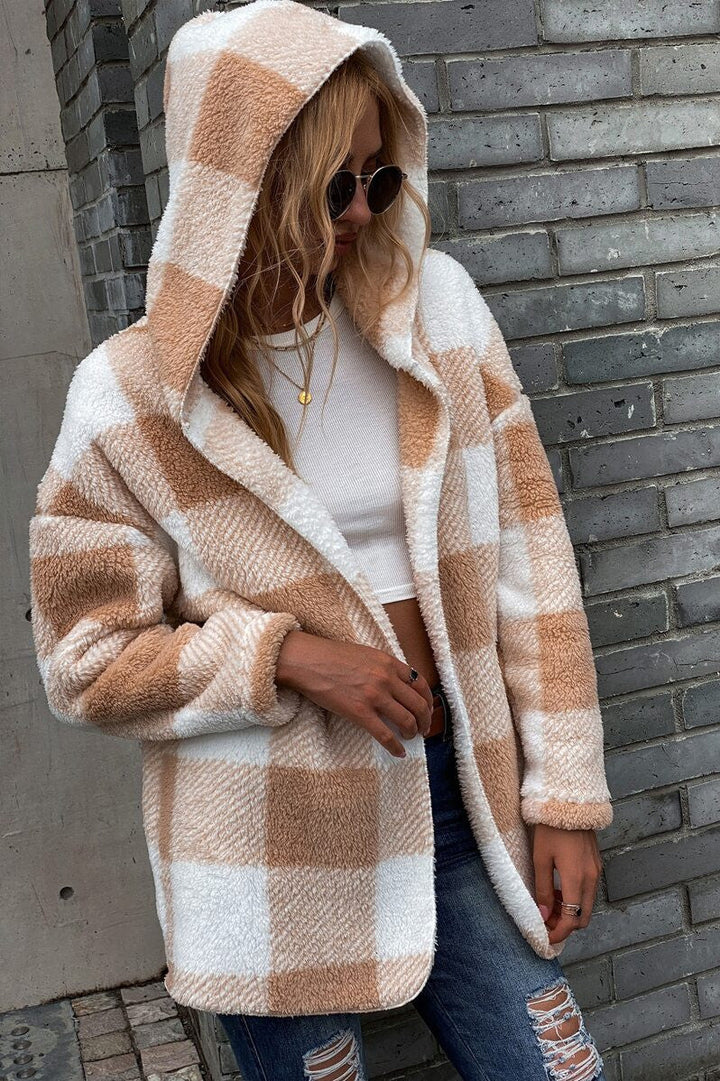 Drune | Lamm Lockerer Kapuzen Plaid Strickjacke Jacke
