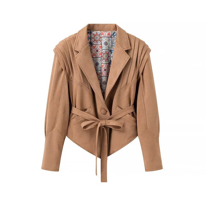 Damen Modische Wildlederjacke mit Gürtel und eleganten Schulterdetails Drune