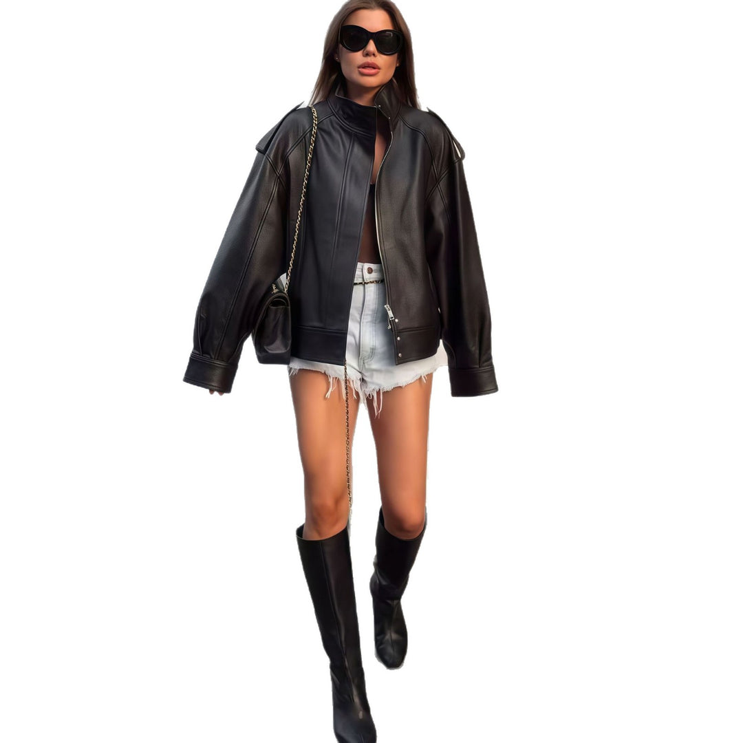 Damen elegante Oversized-Lederjacke mit hohem Kragen und praktischen Taschen Drune