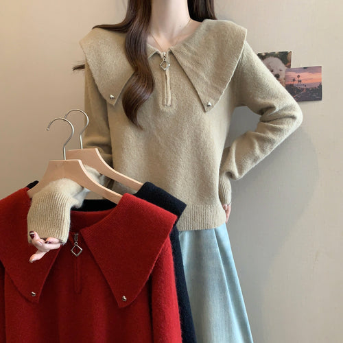 Damen Pullover mit einzigartigem Kragen und dekorativem Reißverschluss Drune