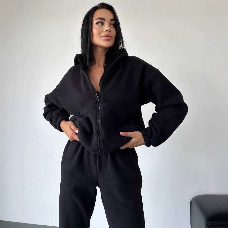 Damen Fleece-Loungewear-Anzug mit Reißverschluss und Kapuze Drune