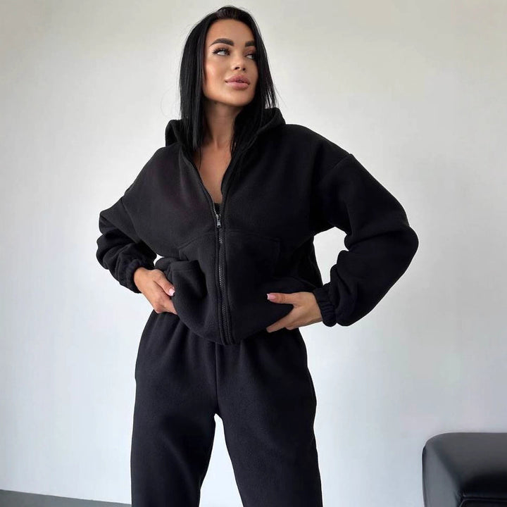 Damen Fleece-Loungewear-Anzug mit Reißverschluss und Kapuze Drune