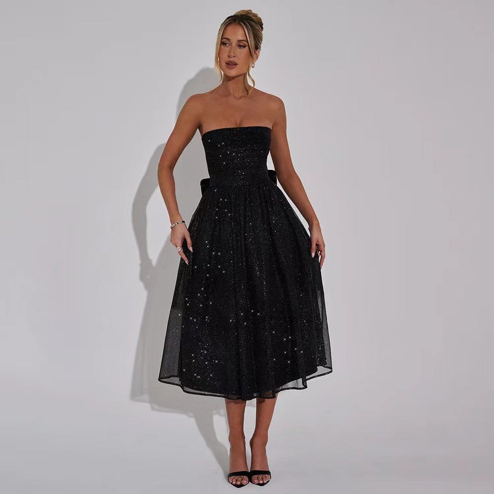 Damen Hochzeitskleid mit schimmerndem Taillenband und plissiertem Rock Drune