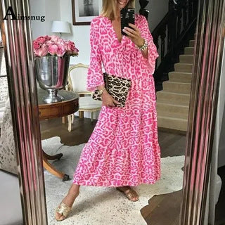 Damen Maxikleid mit tierischem Muster und voluminösen Ärmeln Drune