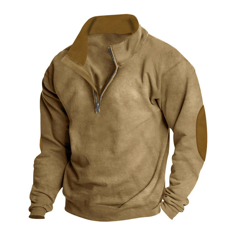 Herren nan Kurzzip-Stehkragenpullover mit Kontrastkragen und Wildleder-Ellenbogenpatches Drune