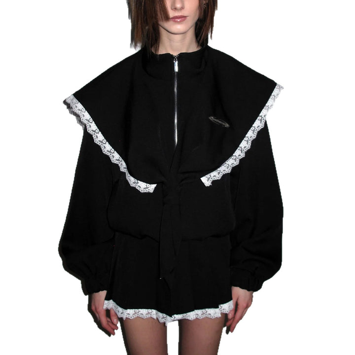 Damen Oversized Jacke mit dekorativem Spitzenkragen und bindbarem Gürtel Drune