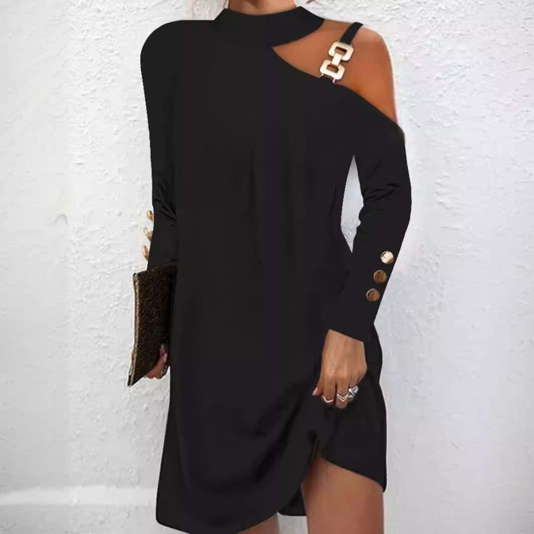 Damen nan asymmetrisches Minikleid mit Stehkragen, Cut-Out-Schulter und Zierkettenträger Drune