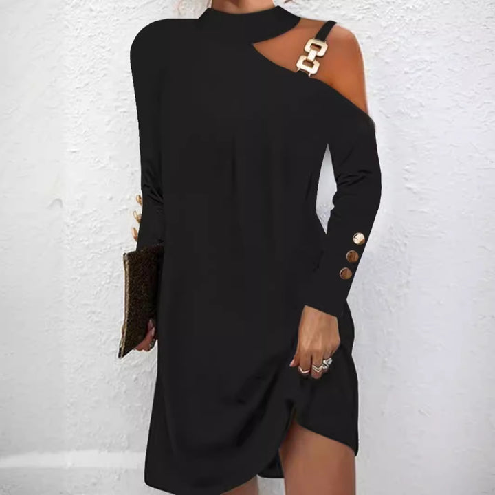 Damen nan asymmetrisches Minikleid mit Stehkragen, Cut-Out-Schulter und Zierkettenträger Drune