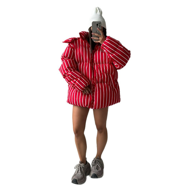 Damen gestreifte Daunenjacke mit hohem Kragen und voluminösem Schnitt Drune