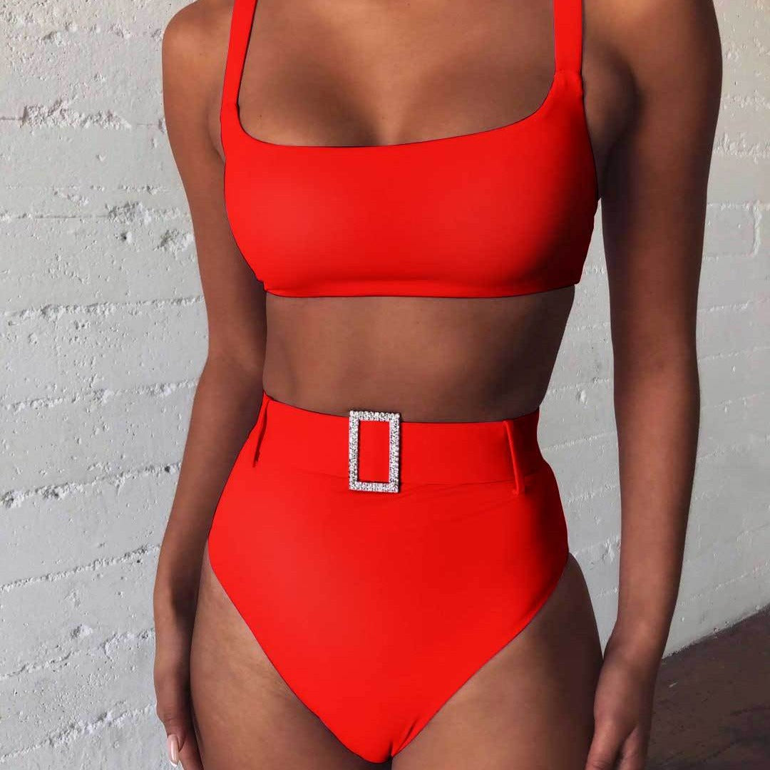 Damen Hoch tailliertes Bikini-Set mit funkelndem Gürtel Drune