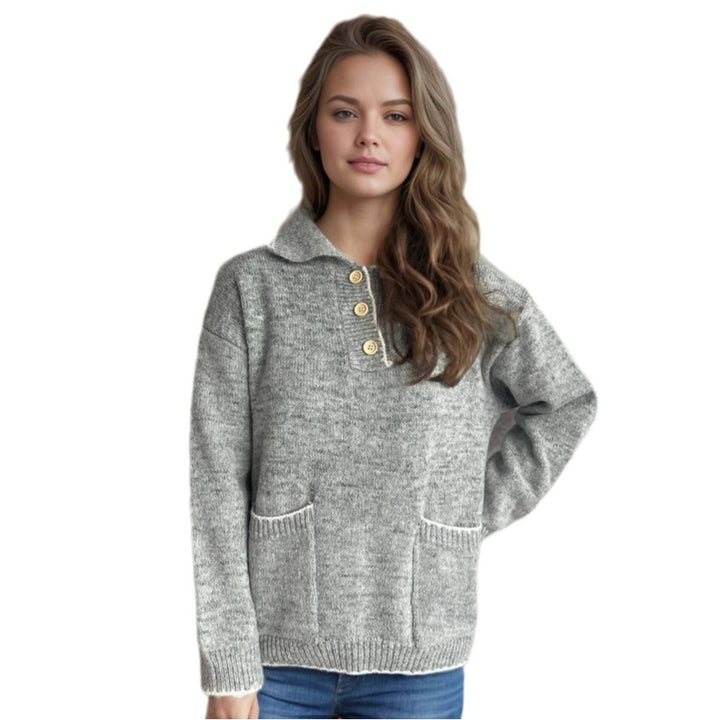 Damen lässiger Strickpullover mit Knopfleiste und aufgesetzten Taschen Drune