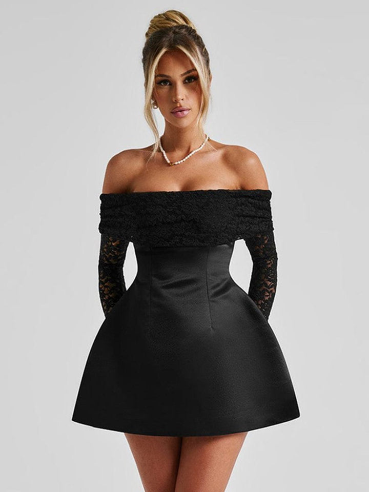 Damen Elegantes Off-Shoulder Minikleid mit Spitzenärmeln und tailliertem Schnitt Drune