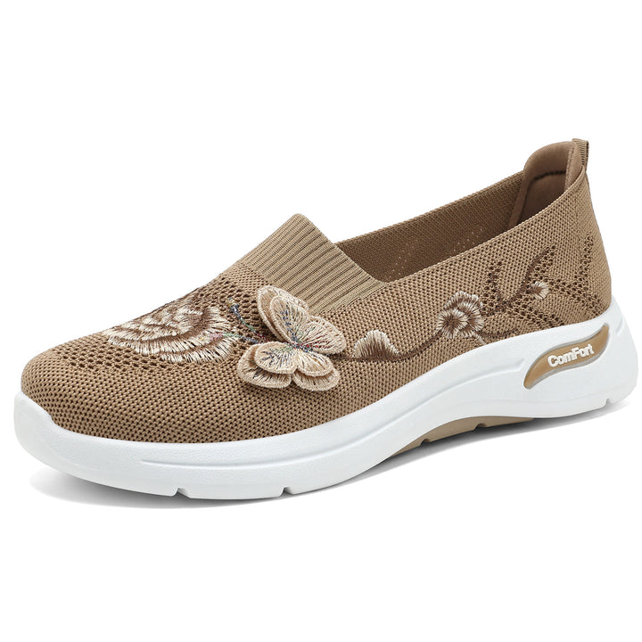 Damen nan gestrickter Slip-On Slipper mit 3D-Blumenstickerei und ergonomischer Komfort-Zwischensohle Drune