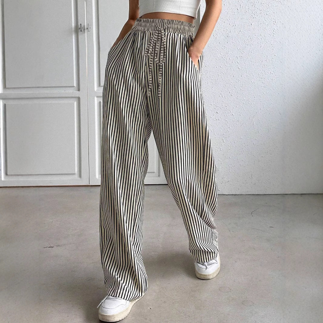 Damen Weit geschnittene Streifenhose mit elastischem Bund und Taschen Drune
