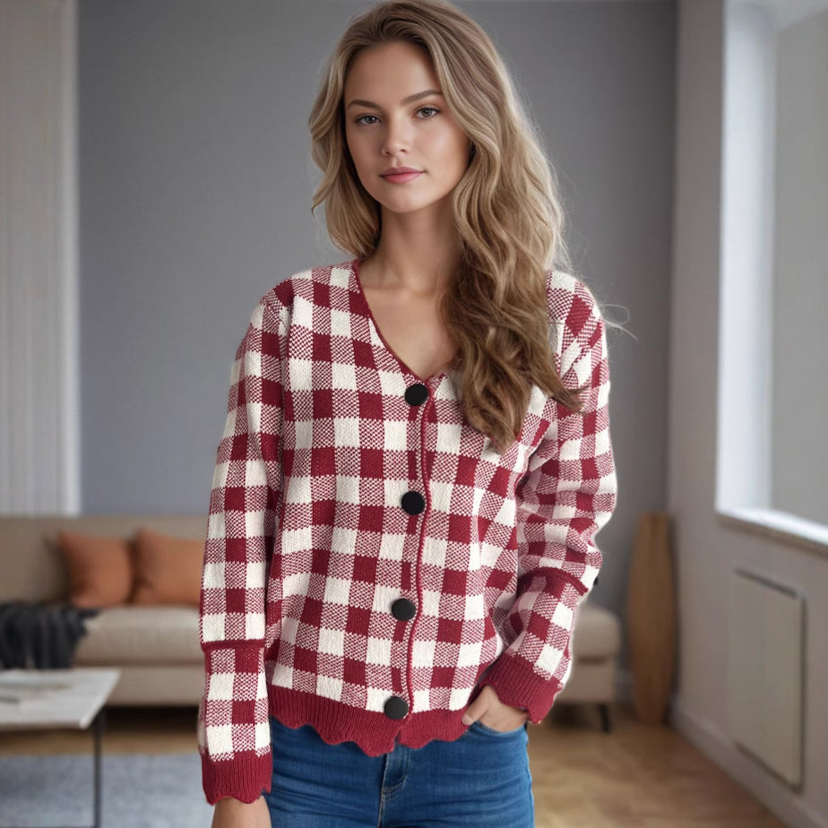 Damen Strickjacke mit Kontrastmuster und Knopfdetails Drune