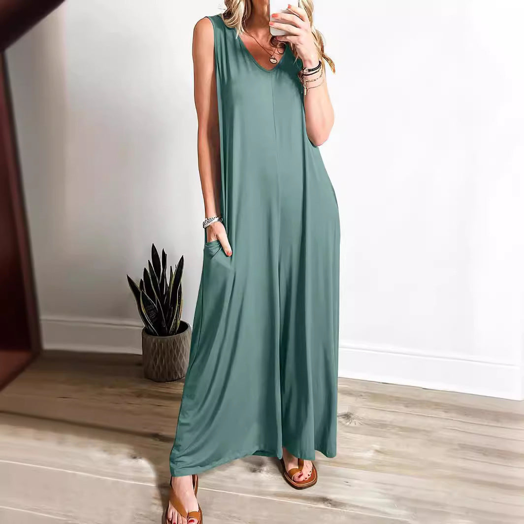 Damen weit geschnittene Jumpsuit mit V-Ausschnitt Drune