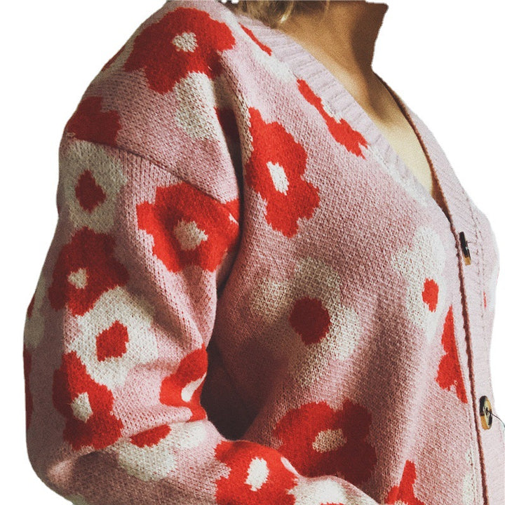 Damen Strickjacke mit floralen Mustern und dekorativen Knöpfen Drune